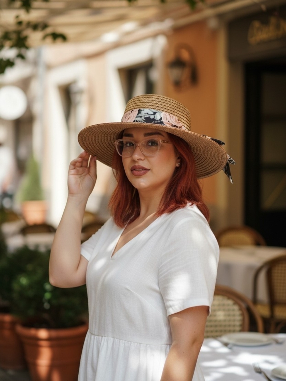 Wide-Brim Straw Sun Hat with Floral Scarf - Beige